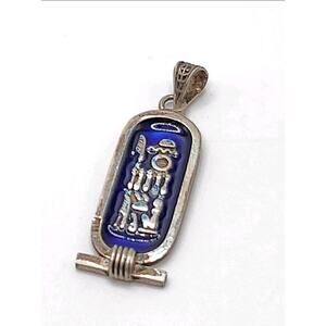 Vintage Egyptian Revival 925 Sterling Silver Blue Enamel Cartouche Pendant
